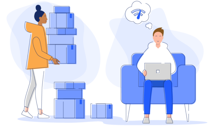 Illustration of woman with moving boxed and man sitting in chair leaving a review on a laptop