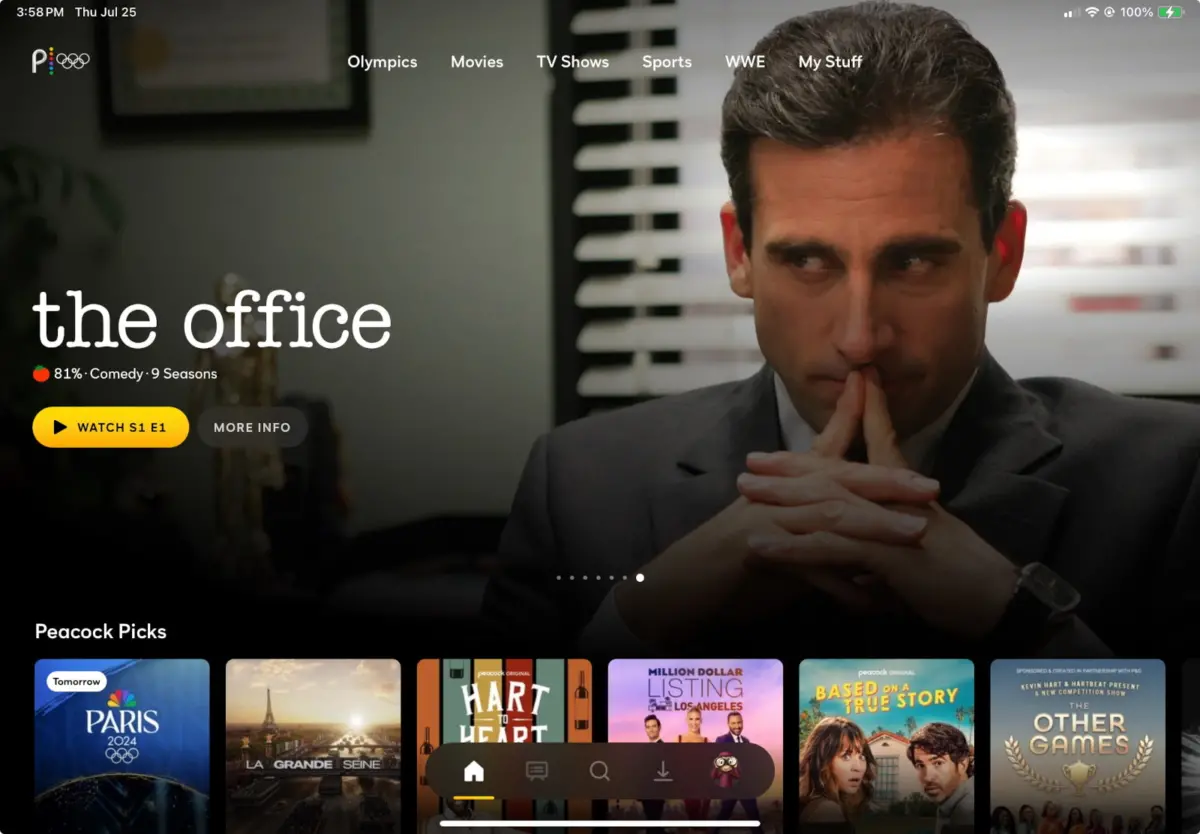 NBC's Peacock app on iPad