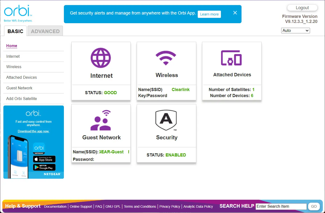 Web interface screenshot for Orbi 970