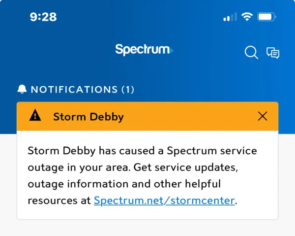 Screenshot of outage report from Spectrum