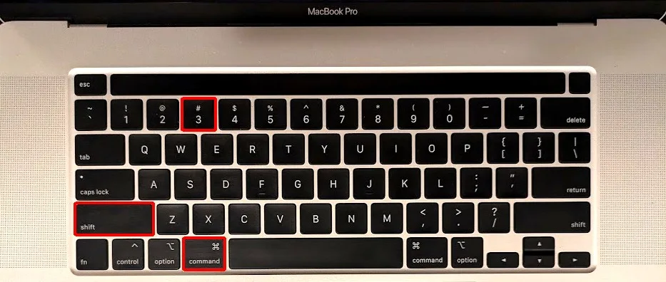 Image of MacBook Pro keyboard with 3 kets outlined in red