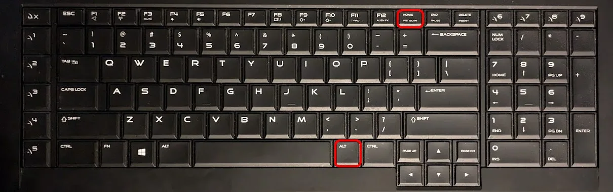 Windows keyboard with Alt and PrtSc keys outlined in red