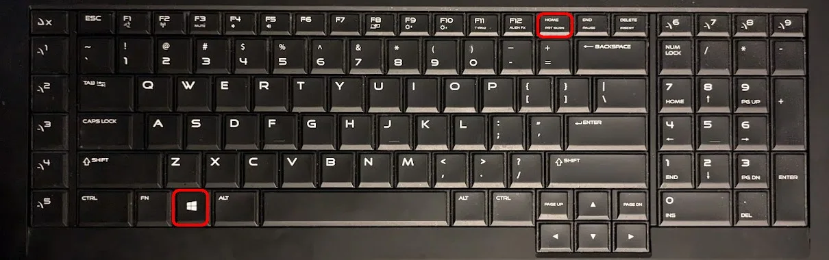 Windows keyboard with Windows Key and PrtSc key outlined in red