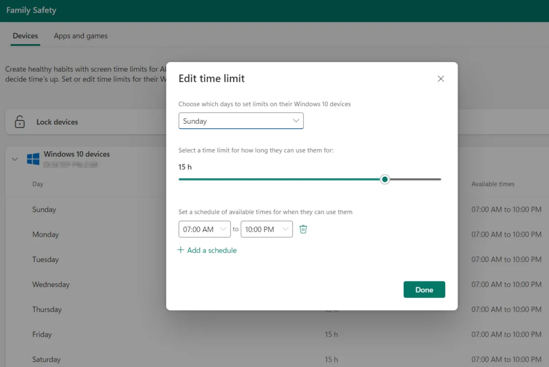 Screenshot showing time limit settings for Microsoft family safety