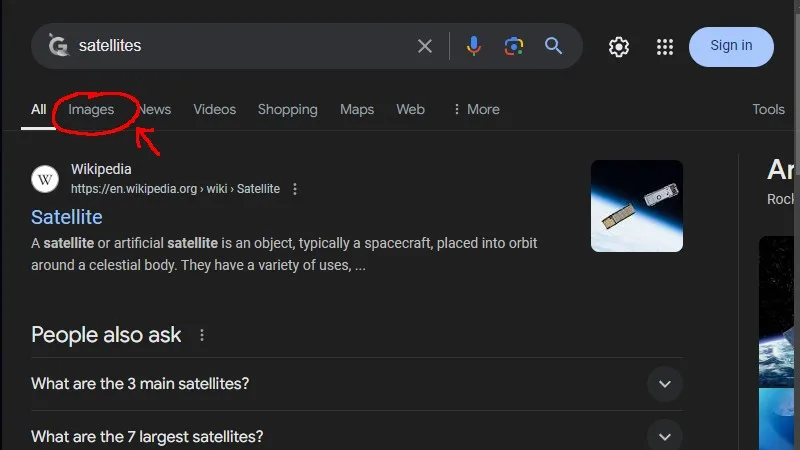 Google search screenshot with Images tab option circled in red