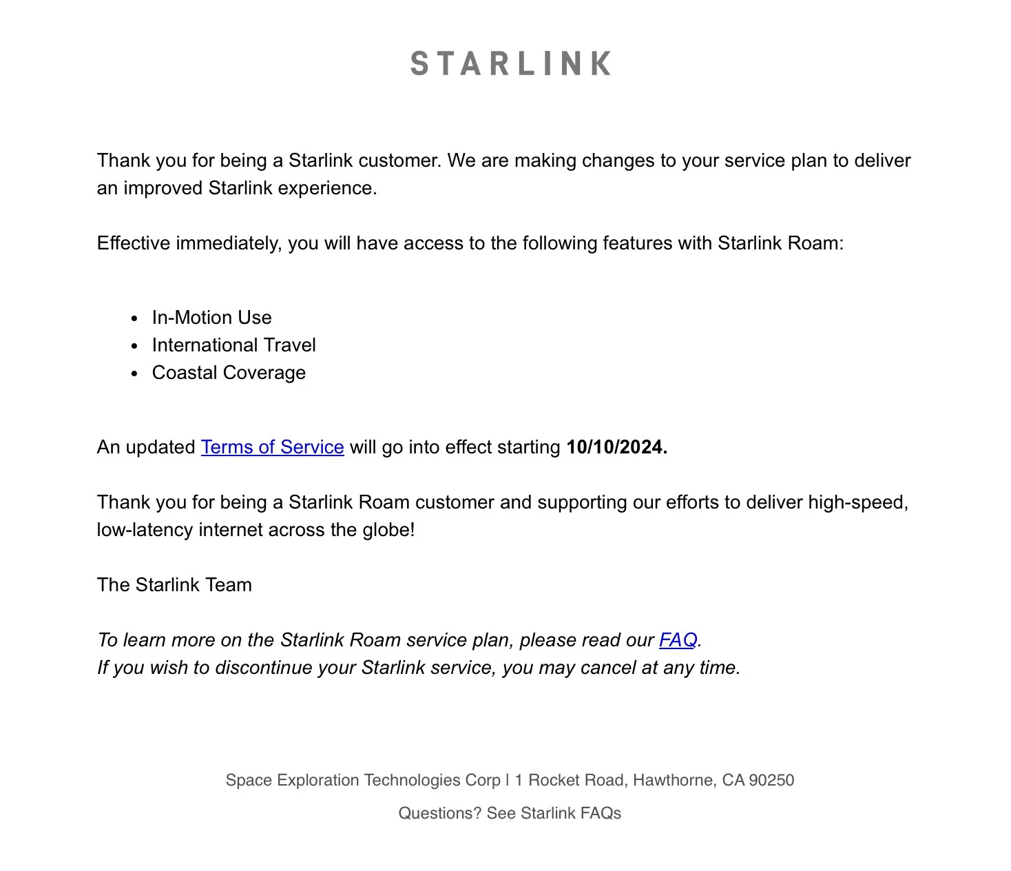 Starlink rate change announcement