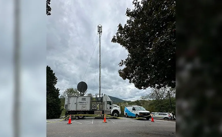 AT&T SatCOLT (Satellite cell on Light Trick) deployed in Asheville, N.C. Image sourced from AT&T and is property of AT&T.