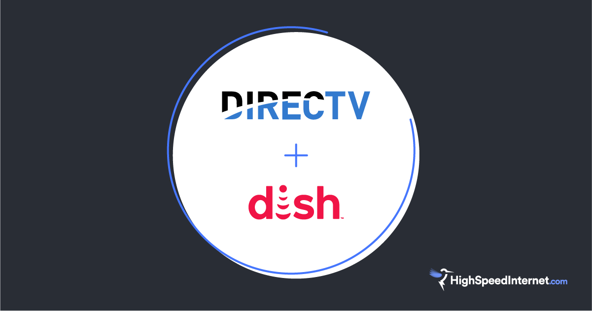 DIRECTV and dish logos in a white circle on a gray background