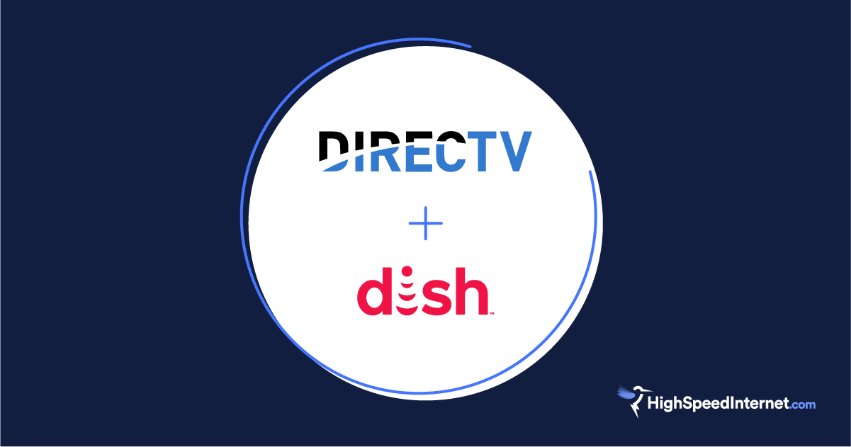 DIRECTV and dish logos in a white circle on a navy background