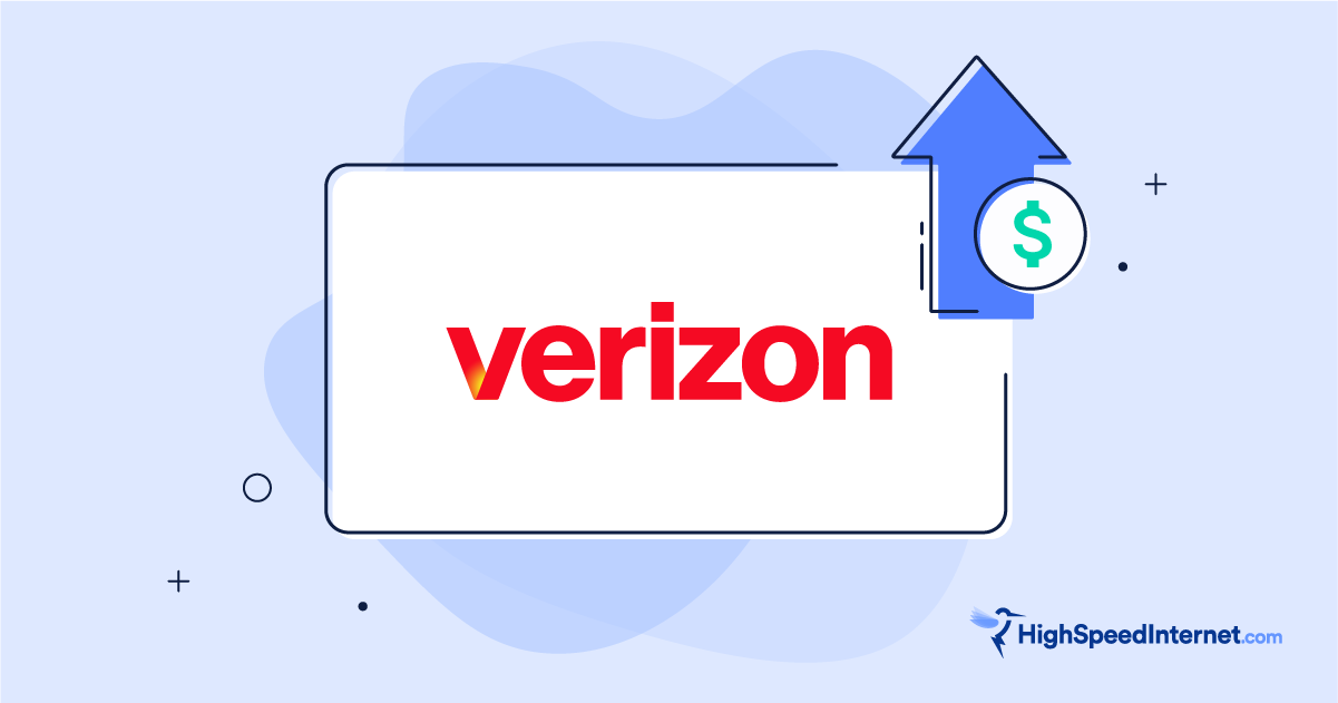 Verizon logo with illustrated icon of arrow pointing up with dollar sign overtop to communicate Verizon price hikes