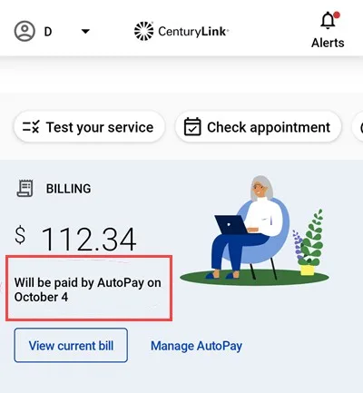 Sample CenturyLink billing portal for customers who are on autopay. Image sourced from CenturyLink.net and is property of CenturyLink.