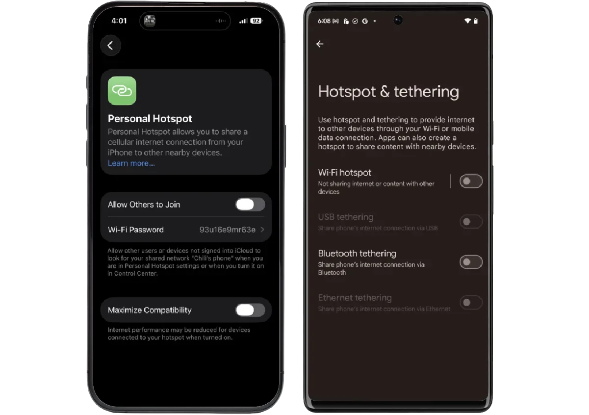 hsi-hotpot-screen-apple-google screenshots of personal hotspot and tethering functionality on an iPhone and a Google Pixel phone
