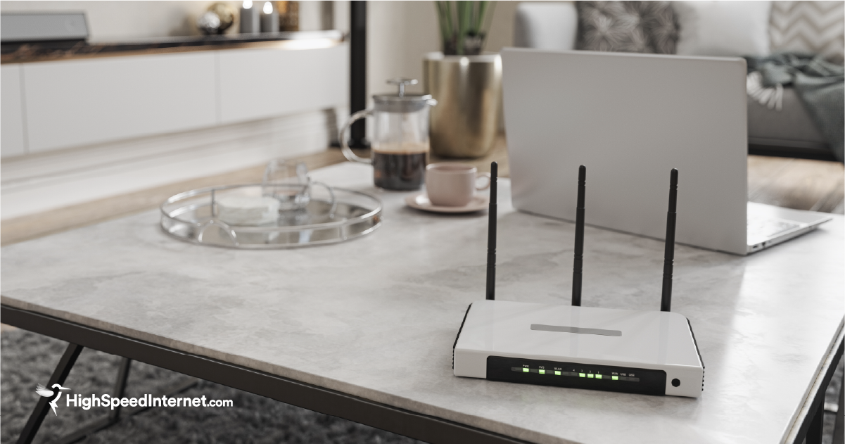 Wireless router on a coffee table in a living room