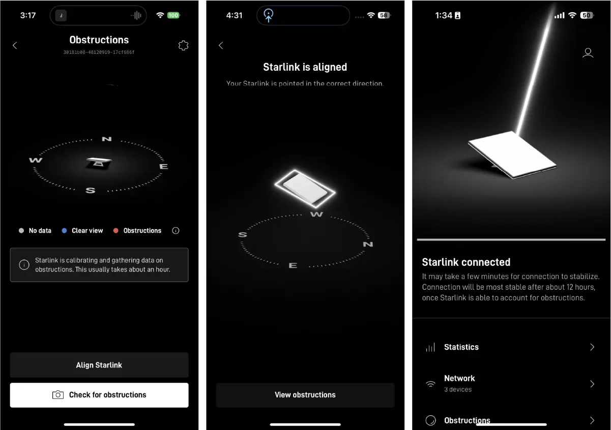 Smartphone screenshots of the Starlink dish setup process showing obstructions, alignment, and connection status.