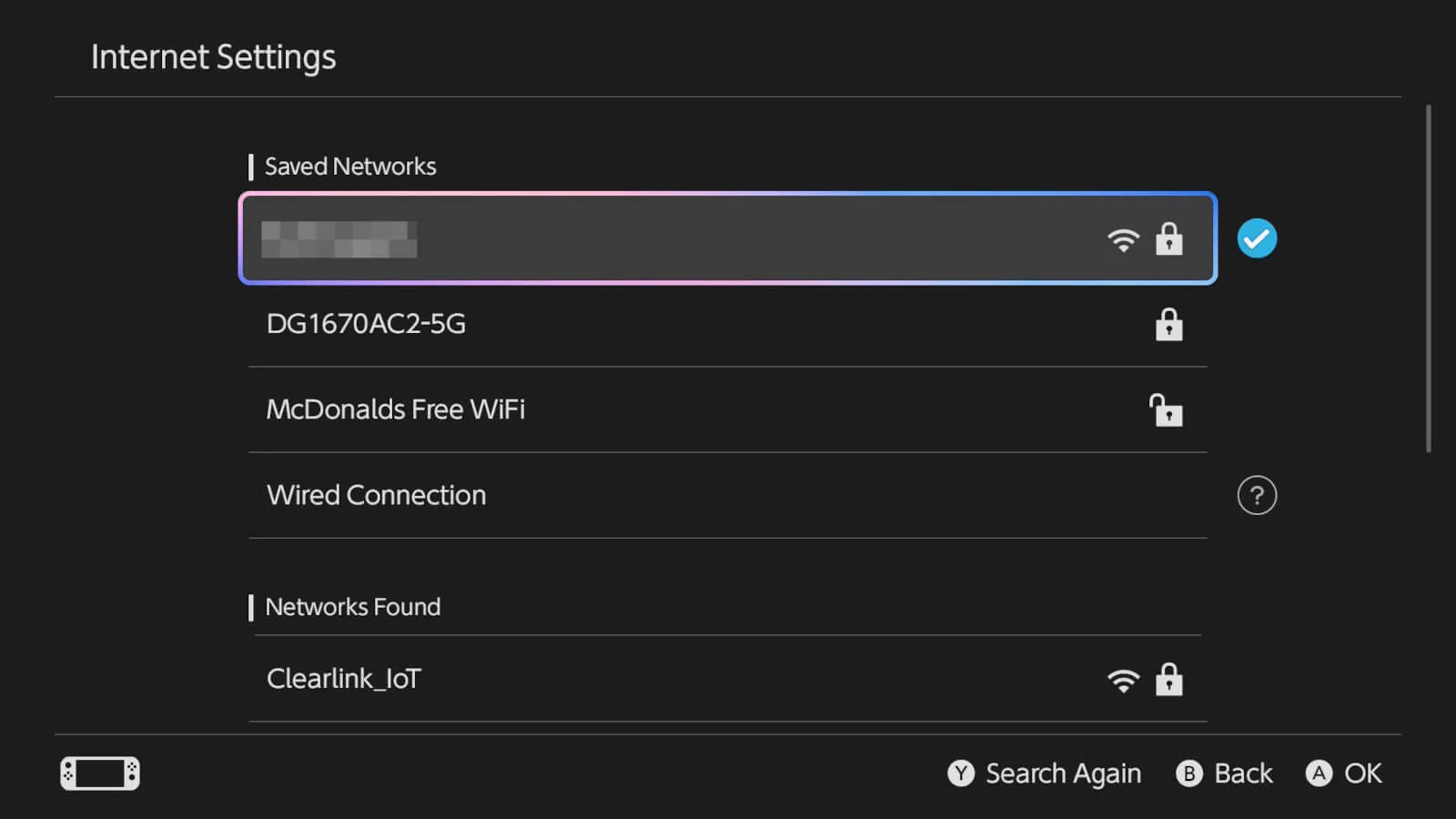 Screenshot of Nintendo Switch network settings menu