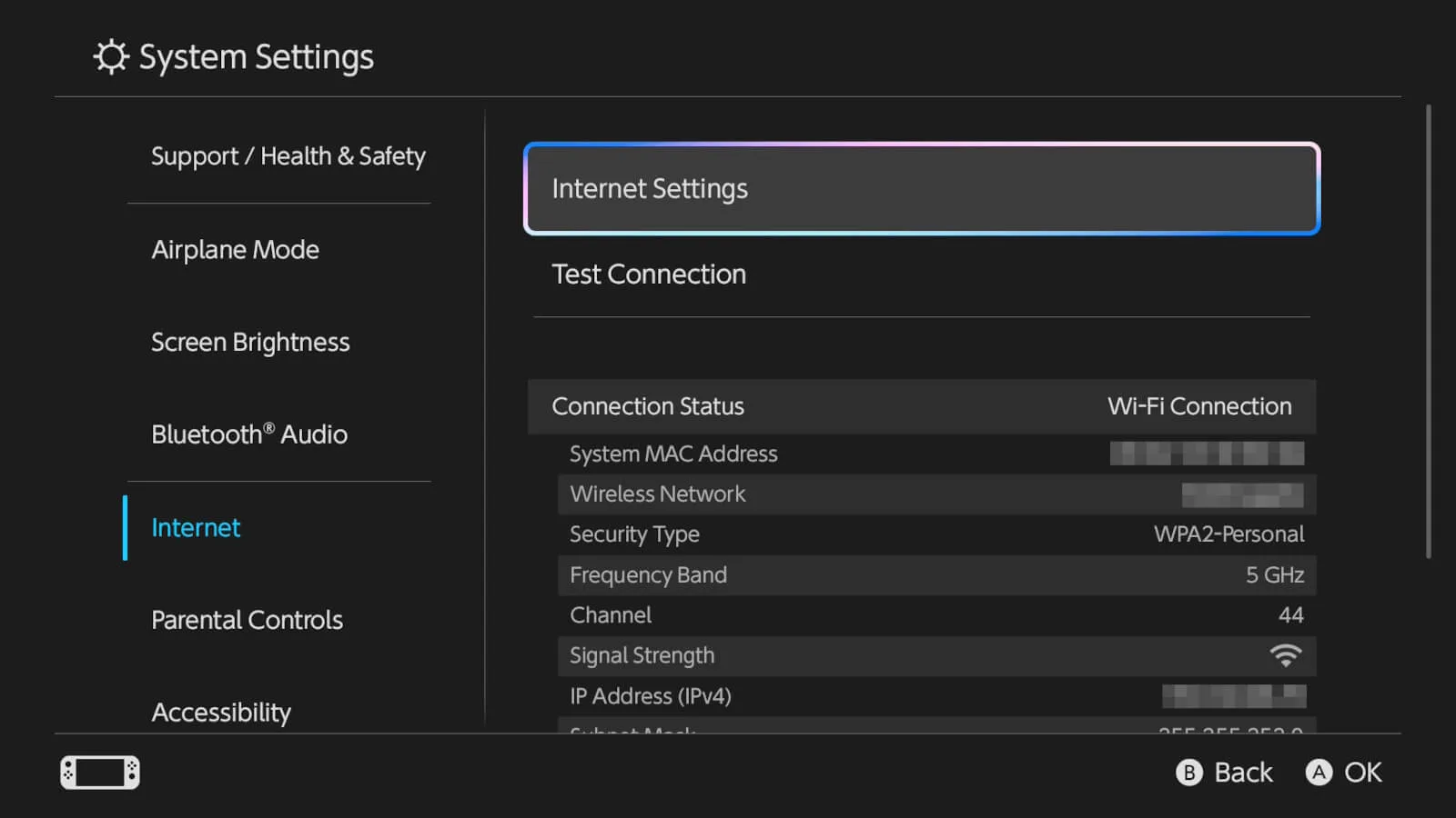 Nintendo Switch screenshot showing internet settings
