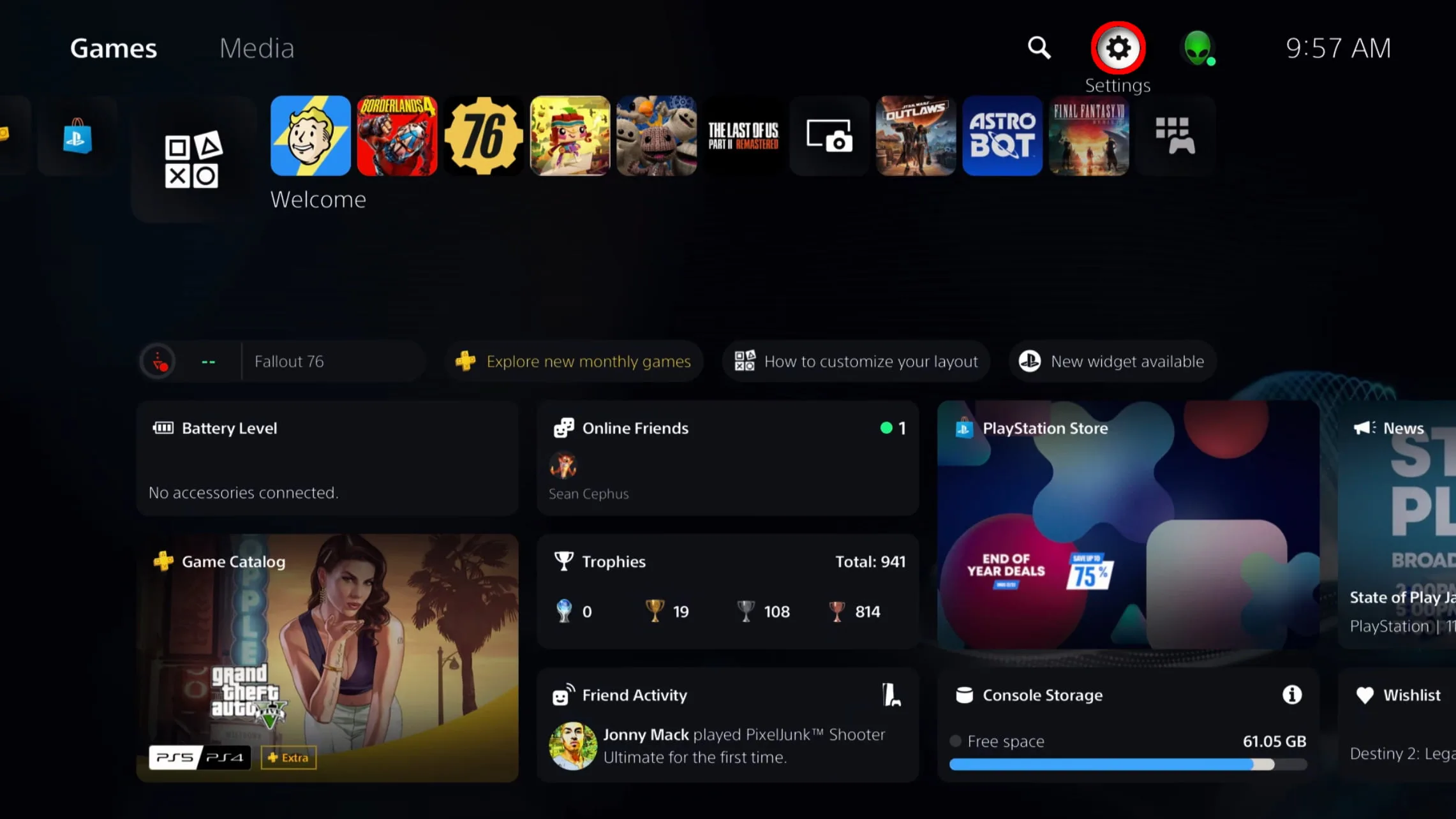 Screenshot of PS5 with Settings button outlined in red