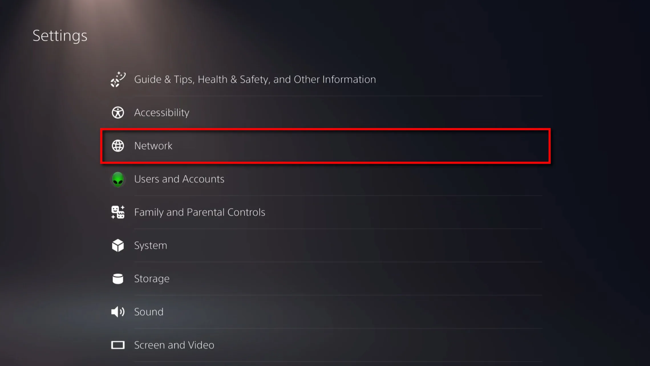 PS5 settings options with Network selection outlined in red
