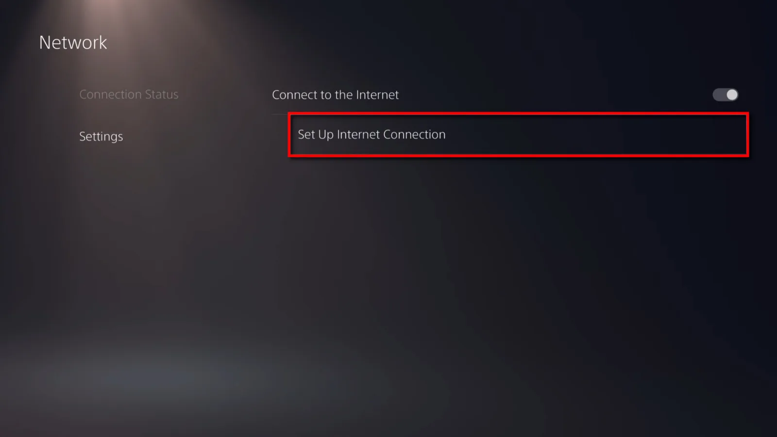 Screenshot showing PS5 Network screen with Set Up Internet Connection outlined in red