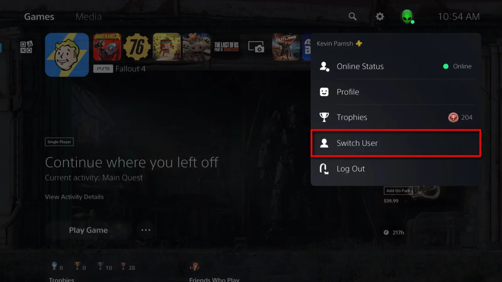 Screenshot of account menu on Playstation 5 home screen