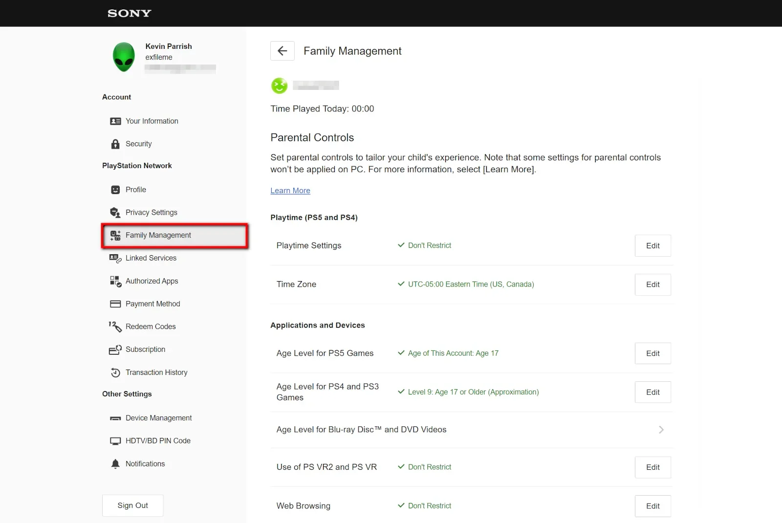 Screenshot of web browser selections for family management settings