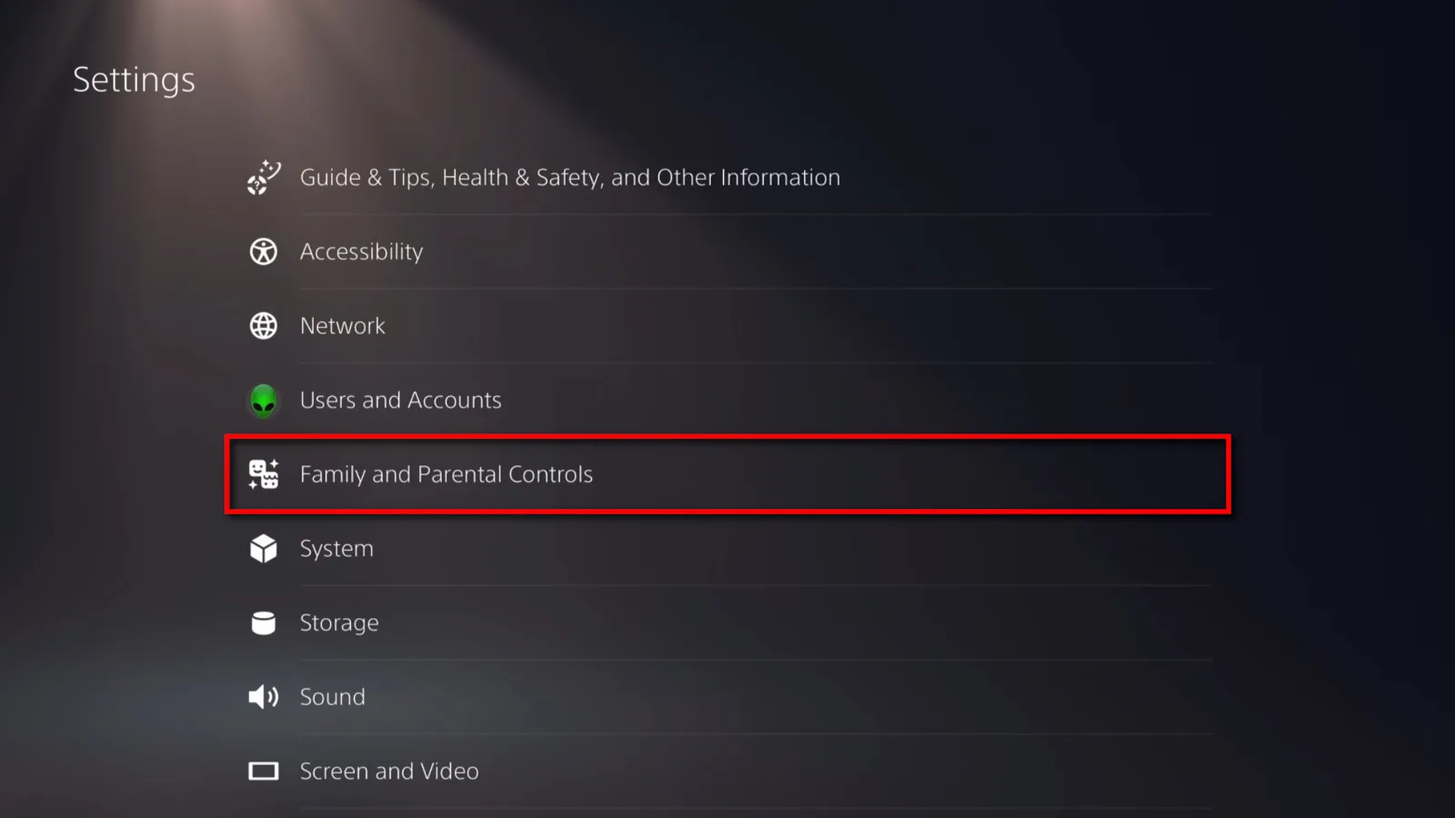 Playstation 5 home screen showing Family and Parental Controls outlined in red