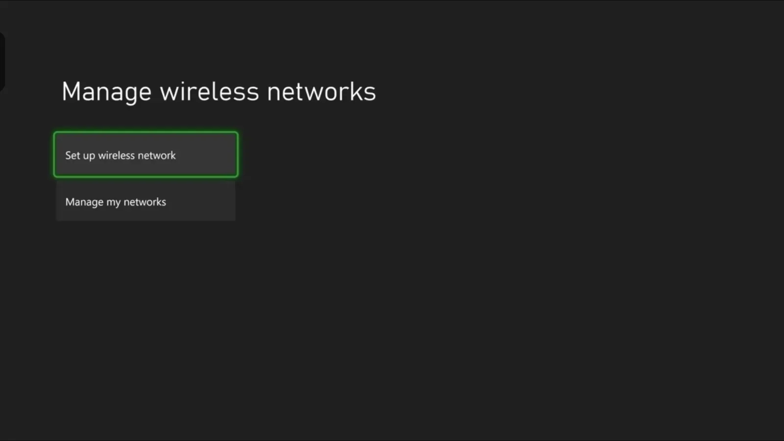 Screenshot of Xbox Wireless networks menu with Set up button outlined in green