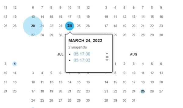A screenshot of the Internet Archive Wayback Machine, displaying two snapshots that the user can select.
