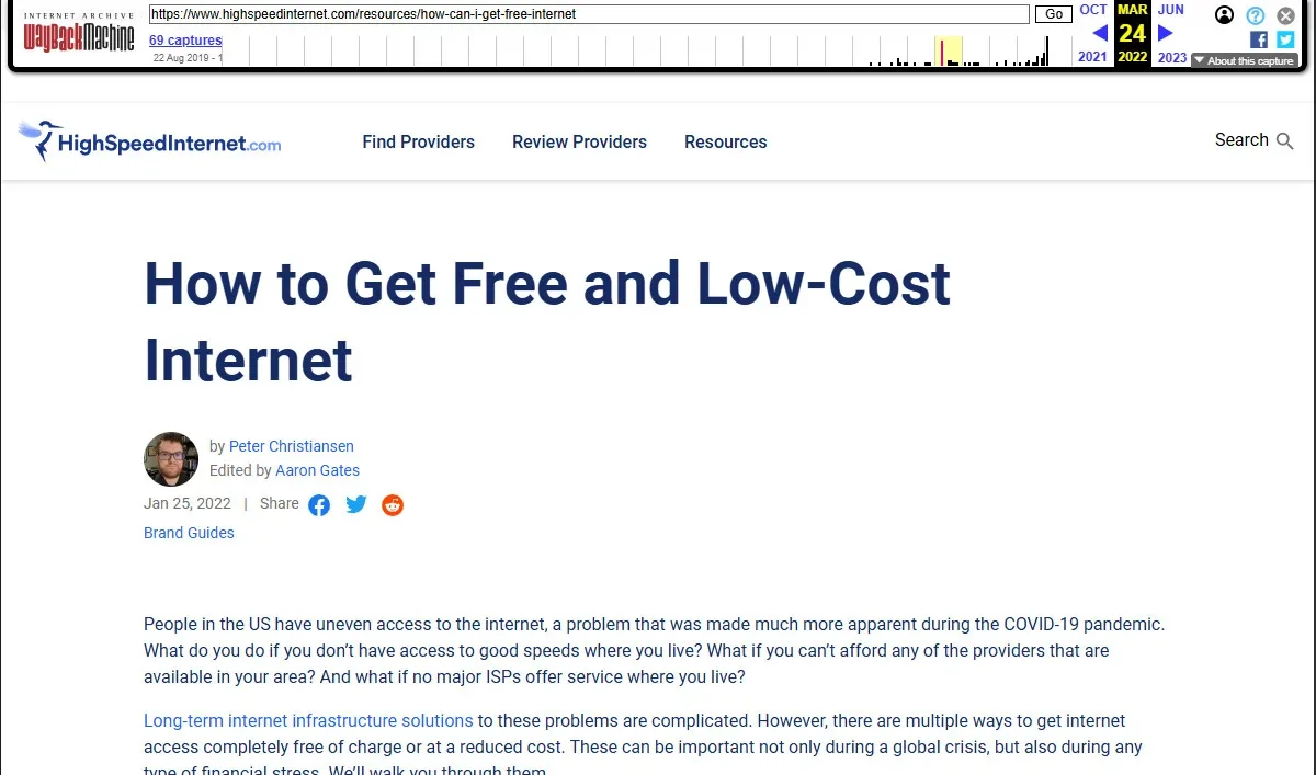 A screenshot of the Internet Archive Wayback Machine displaying an archived version of a HighSpeedInternet.com page from 2022.