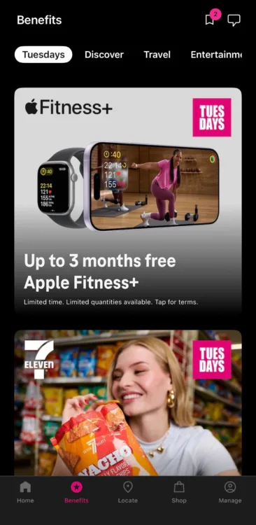 Screenshot of T-Mobile benefits listing for Apple Fitness+ and 7-Eleven