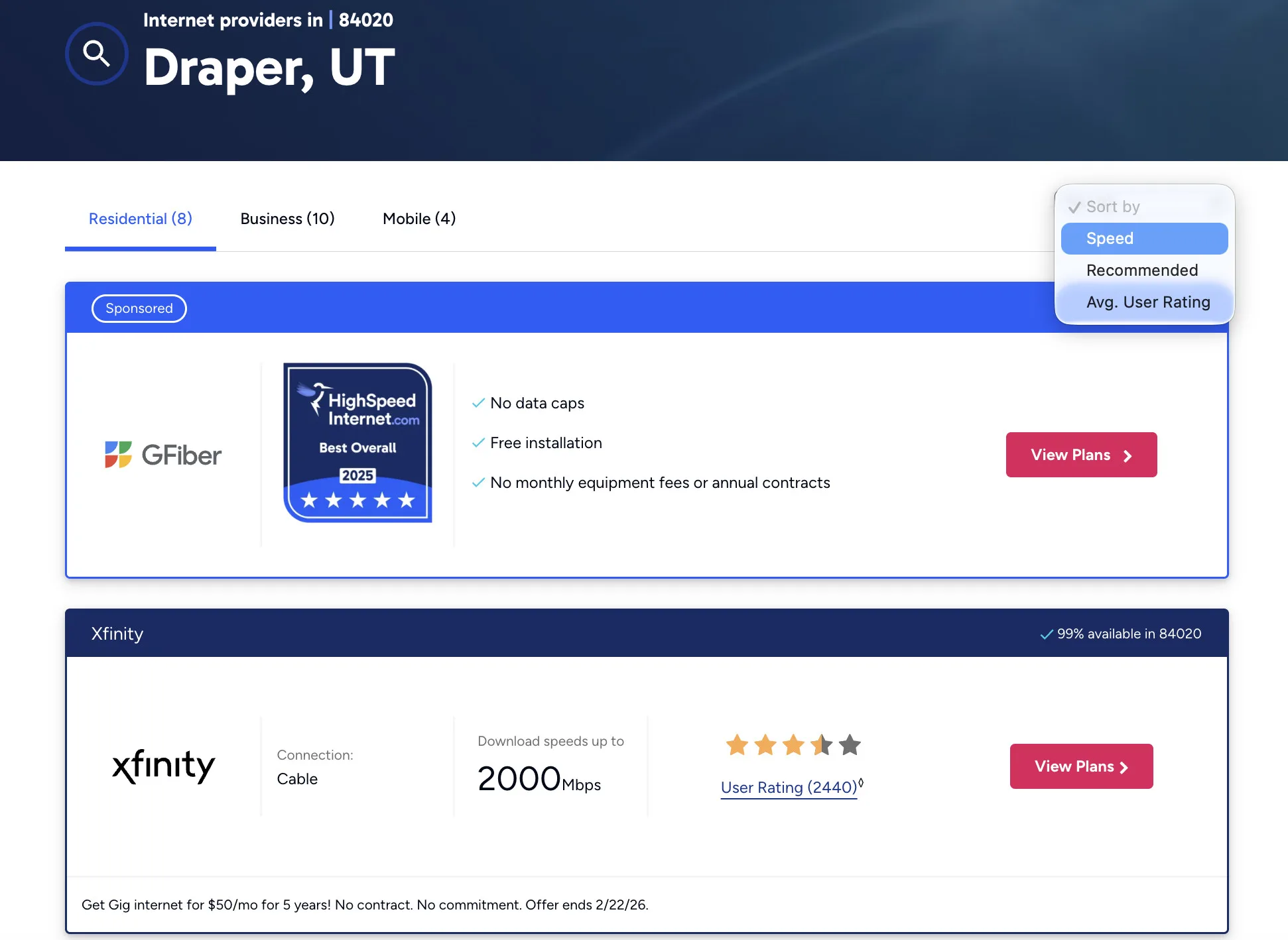 Internet providers available in Draper, UT.