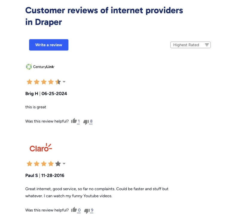 Customer reviews of internet providers in Draper, UT.