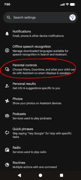 Screenshot of all settings for Google Assistant