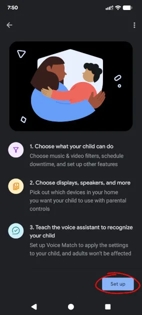 Parental control setup screenshot for Google Assistant
