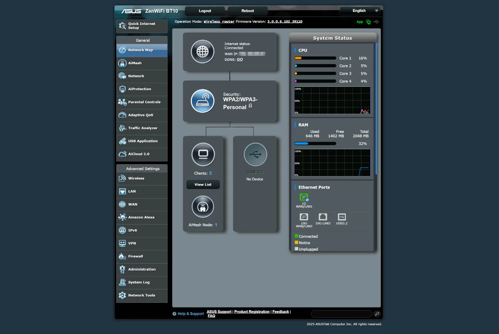 Screenshot of ASUS ZenWiFi BT10 web interface