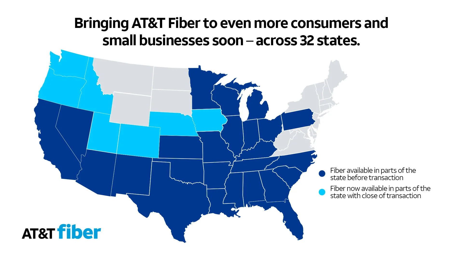 U.S. map showing combined fiber internet footprints of AT&T and Quantum Fiber.